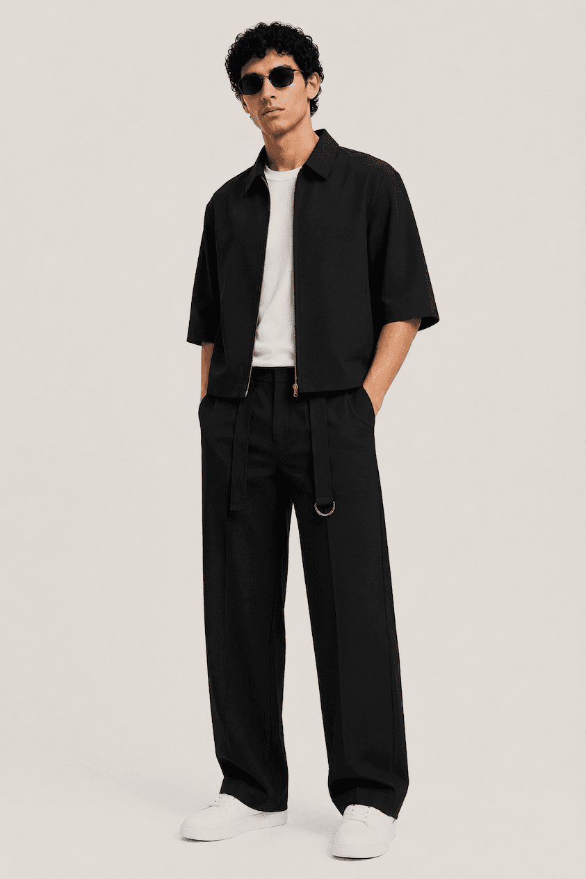 The Black set worn open over a white tee, standing square