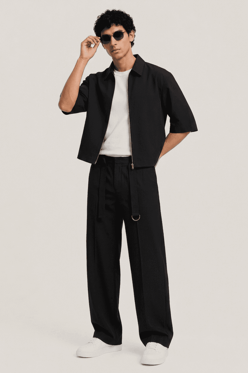 The Black set, hand to the sunglasses, sleeve falling at the elbow