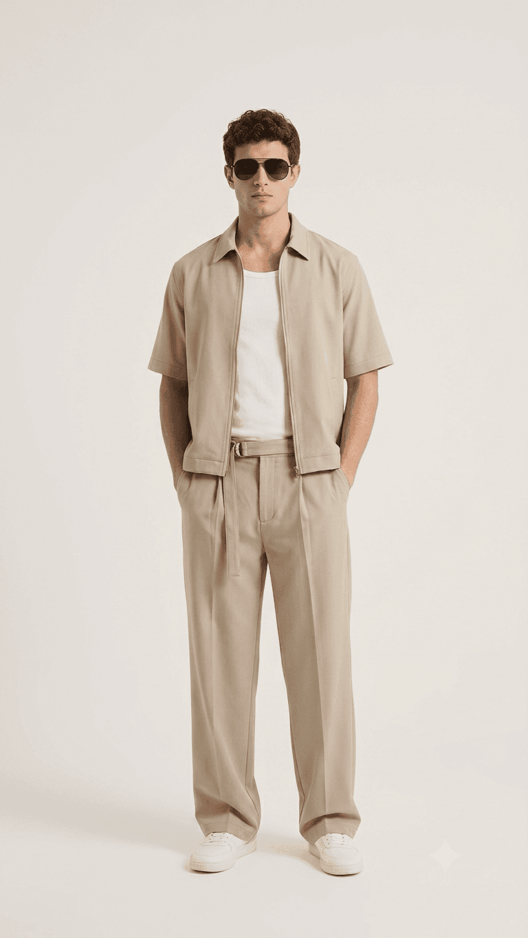 The Sand set worn open over a white tee, standing