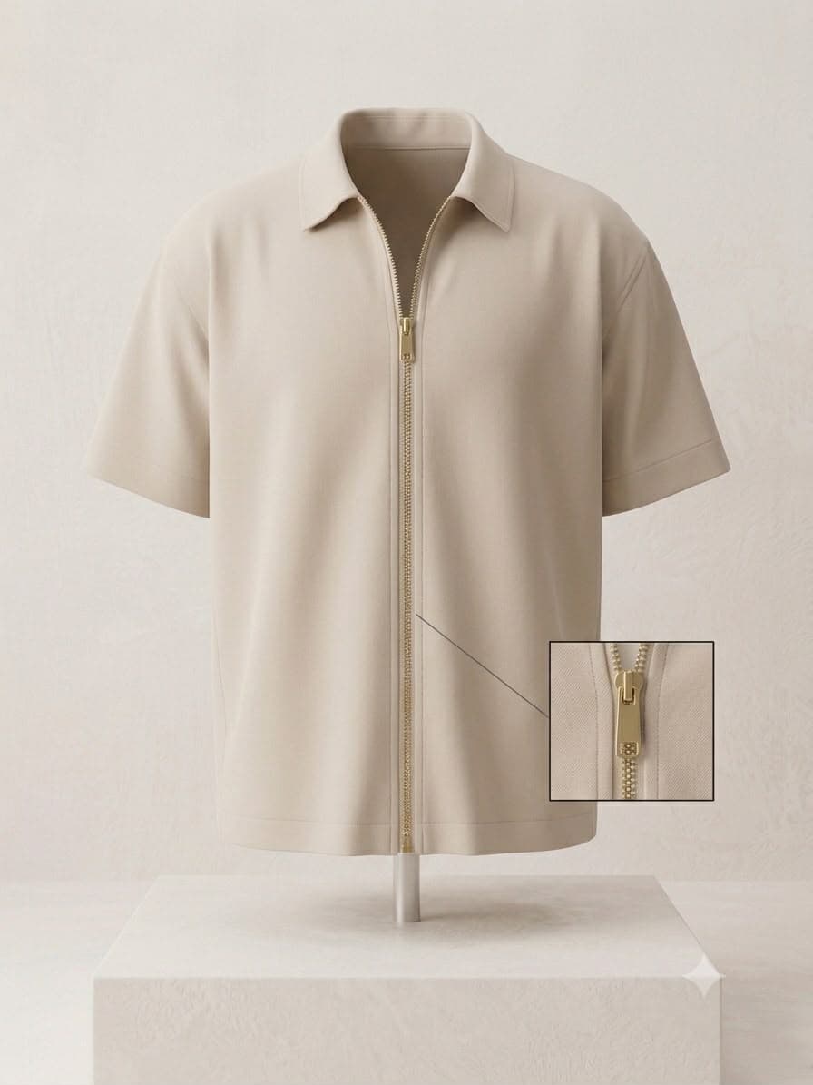Sand overshirt on a plinth, gold double-pull zip closed to the hem
