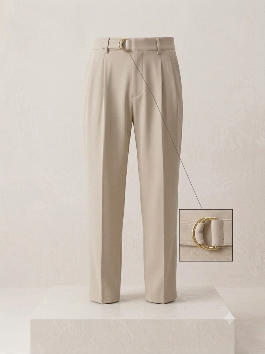 Sand trouser, self-fabric belt closed on a gold D-ring